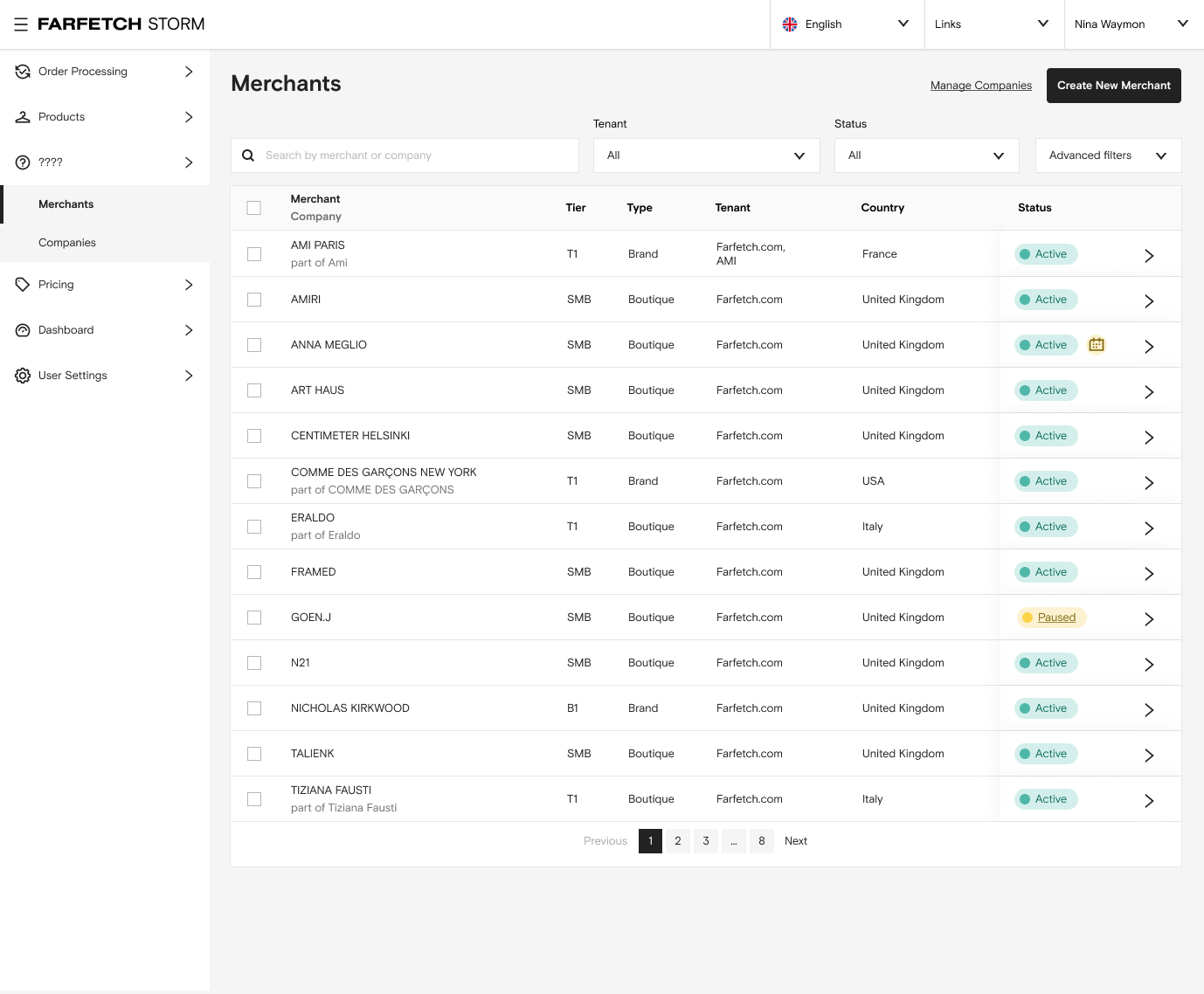 Example of a business tooling screen at Farfetch